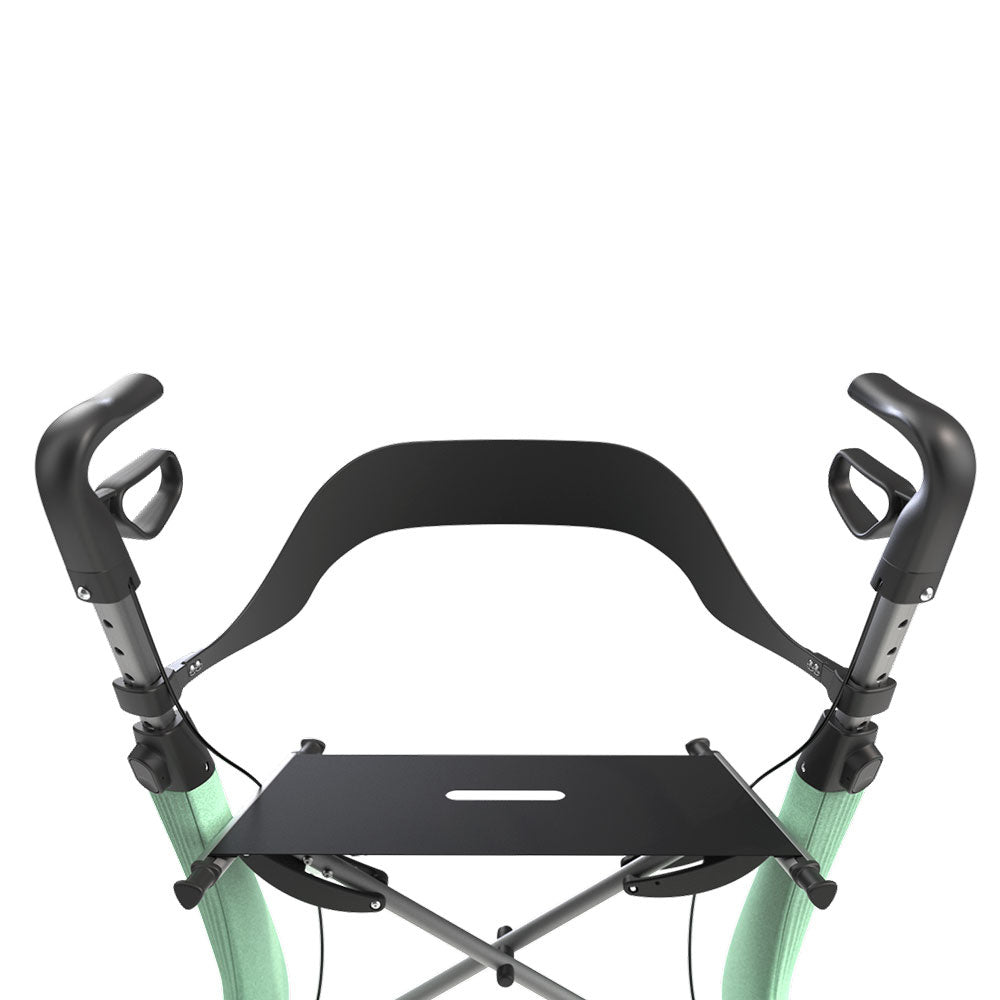 Top-down rear view of a green byACRE Nordic Pioneer rollator showcasing the seamless integration of the ergonomic lumbar support backrest.